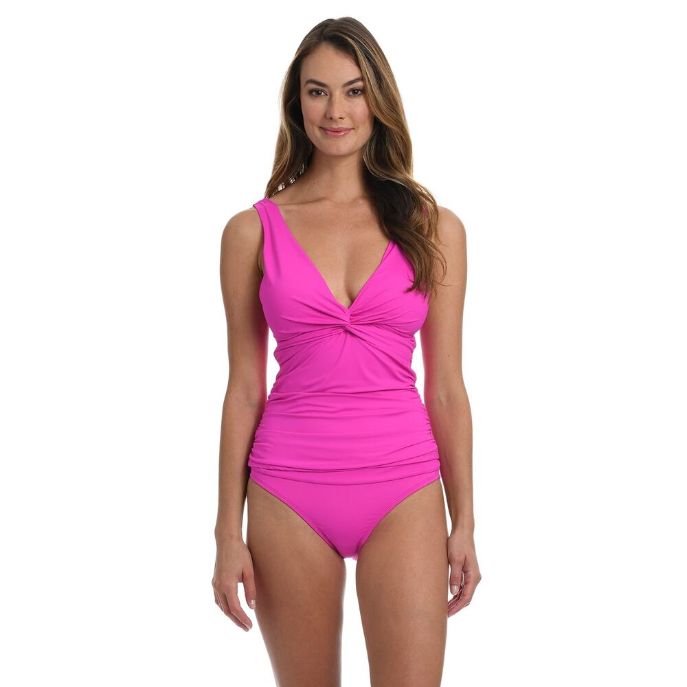 La Blanca Womens Over The Shoulder Twist Front Swim Tankini Orchid Sz 4 14721